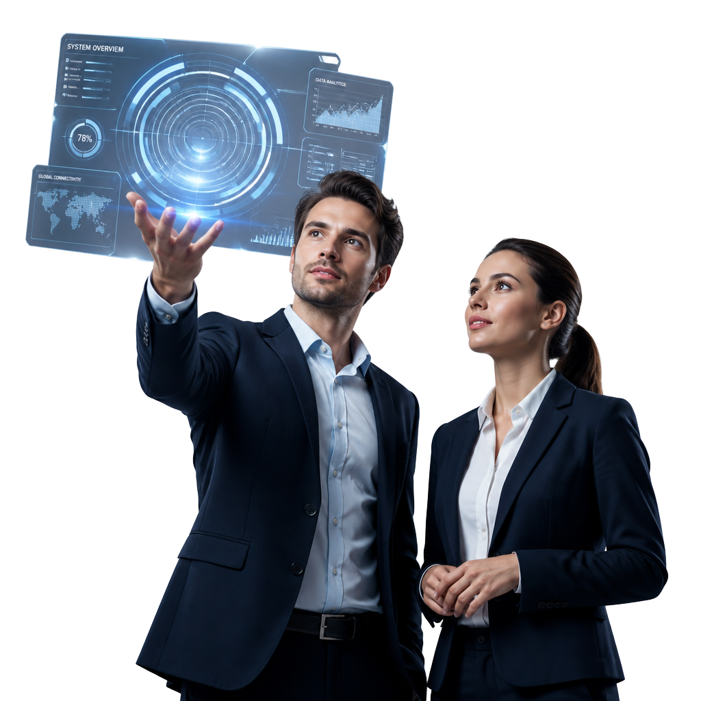 Two NexSys consultants reviewing a floating holographic analytics interface